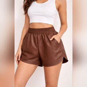 EESOME Brown Faux Leather Shorts Size Small High Rise Elastic Waist Size Small